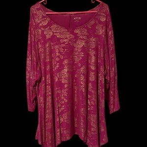 Apt. 9 Vibrant Pink & Gold Abstract Design Sharkbite Tunic Pullover Top Size 2X